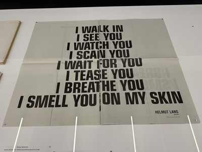 Helmut Lang exhibition, Séance de Travail 1986–2005 at MAK Museum, Vienna - © Installation view, Helmut Lang Parfums supplement from the *New York Times*, 2001, featuring Jenny Holzer&rsquo;s text.
Helmut Lang Archive, MAK Museum., System Magazine