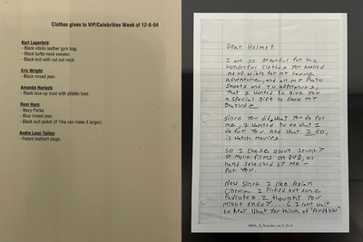 Helmut Lang exhibition, Séance de Travail 1986–2005 at MAK Museum, Vienna - © Installation views: Left, VIP clothes listing document;
Right, a letter to Helmut Lang from Quentin Tarantino.
Helmut Lang Archive, MAK Museum., System Magazine