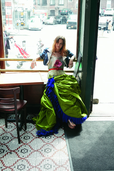 Rose wears Christian Lacroix peridot taffeta ball skirt with fluting, hand painted and beaded bodice, royal moiré shirt jacket, haute couture collection 44, Spring 2009, from TLP Consulting and private collection. - © System Magazine