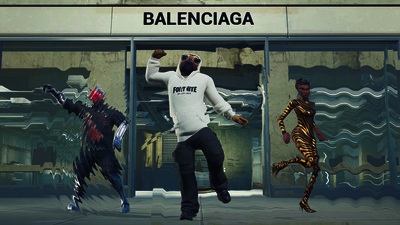 Doggo, with Knight and Banshee, in front of the Balenciaga virtual store in Fortnite. - © System Magazine