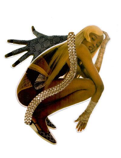 Precious wears bra top, panties, corset (as skirt), gloves and shoes by Gucci, and bracelet by Van Cleef & Arpels. - © System Magazine