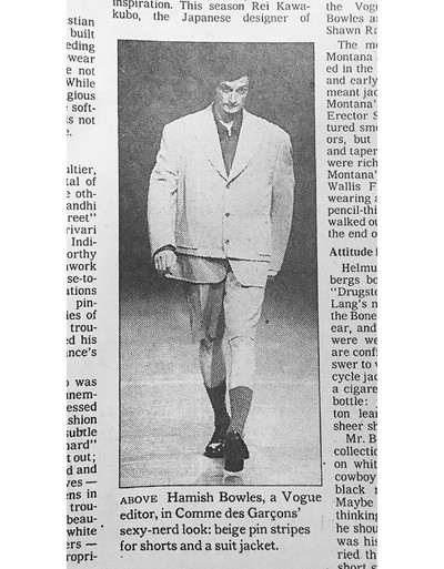 An immoderate aesthete. Hamish Bowles. - © Bowles on the runway for Comme des Gar&ccedil;ons menswear, Spring/Summer 1994, in a &lsquo;sexy-nerd look&rsquo; inspired by British artists Gilbert and George, as reviewed by Amy Spindler in the *New York Times*, 6 July 1993., System Magazine