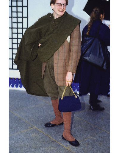 An immoderate aesthete. Hamish Bowles. - © &lsquo;Fashion week, I think in London, 1985 or 1986. The navy jersey handbag was a thrilling find at the Chanel press sale. The tweed plus fours and wool jersey puttees were found in vintage stores, and the black leather evening pumps with grosgrain bows were from Anello &amp; Davide, the theatrical shoe suppliers in Covent Garden.&rsquo;, System Magazine