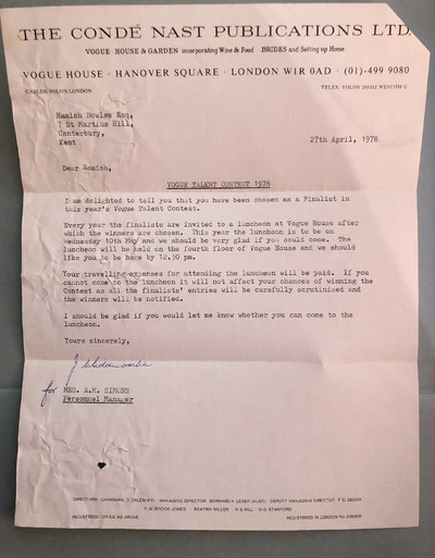 An immoderate aesthete. Hamish Bowles. - © Letter to the 14-year-old Bowles announcing him as one of the finalists of the *Vogue* Talent Contest, 1978.
‘When I got a letter with the Vogue stamp on the envelope, it literally made my heart stop.’, System Magazine