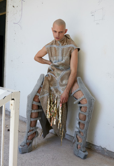 Sebastian wears Seahorse dress and Spartan wader boots, from *Sphinx*, Autumn/Winter 2015 - © System Magazine
