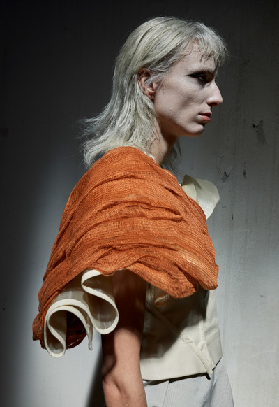 Tanya wears Stork jacket, jumbo V-neck top, Double Boner elastic shorts, from *Walrus*, Spring/Summer 2017 - © System Magazine