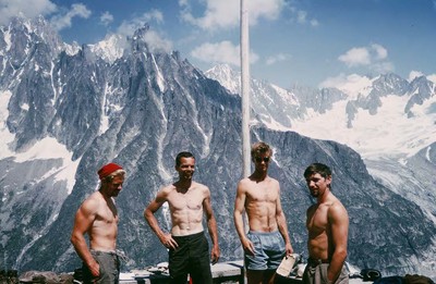 *All-American V: Is Love Enough?*
Tom Frost, Gary Hemming, Stuart Fulton and John Harlin II above the Mer de Glace Glacier, Chamonix, France 1963.
Courtesy of John Harlin III - © System Magazine