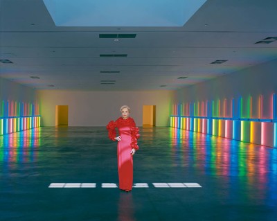1990s
The Dan Flavin Installation
at Richmond Hall, the Menil Collection.
Red silk-mousseline ruffled evening gown by Valentino. - © &copy; 2013 Stephen Flavin / Artists Rights Society (ARS), New York, System Magazine
