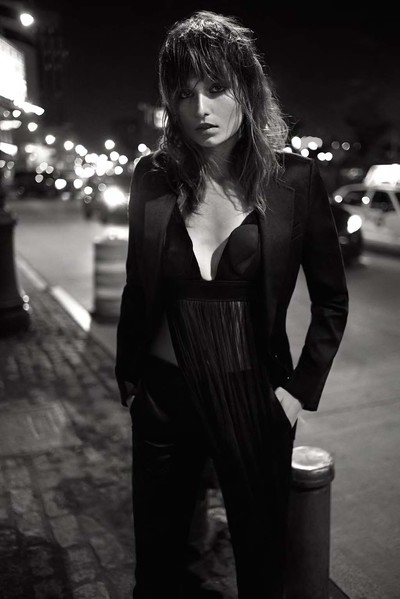 Vintage early-2000s silk smoking suit and silk tulle bra top by Helmut Lang - © System Magazine