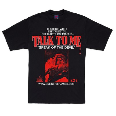 Online Ceramics - © Black &lsquo;Speak of the Devil&rsquo; T-shirt from the Online Ceramics x *Talk To Me* collection, 2022.
Courtesy of A24 Films., System Magazine