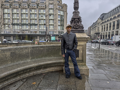 Pharrell. In Paris. - © Leather jacket, sailor flared denim pants, and derby shoes., System Magazine