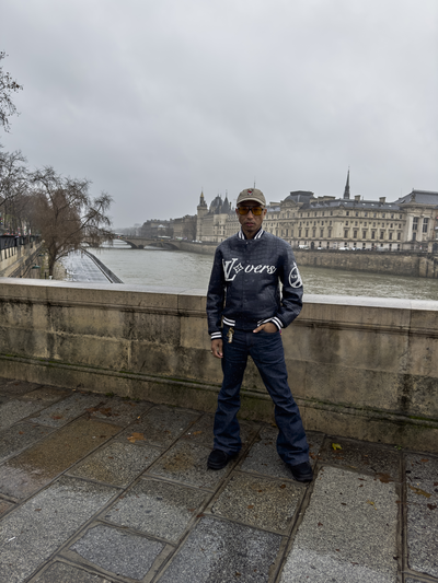 Pharrell. In Paris. - © LV Lovers varsity blouson, sailor flared denim pants, and derby shoes., System Magazine