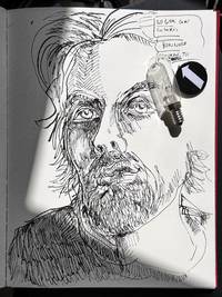 David Sims. - © **David Sims, ‘I Light You Madly’, by Mathias Augustyniak, 2025.**
Drawn during the interview, 25 July, 2025.
(Title also serves as Mathias’ informal title for the interview), System Magazine