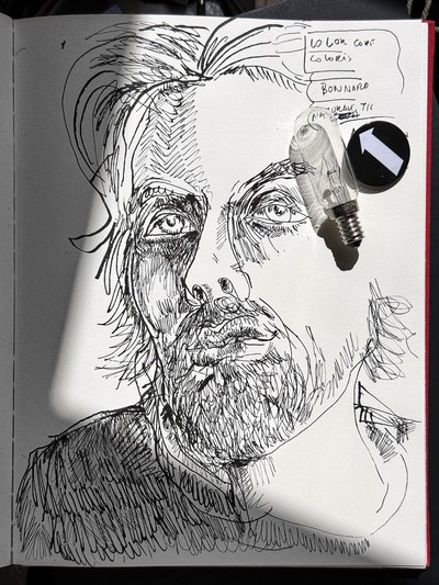 David Sims. - © **David Sims, ‘I Light You Madly’, by Mathias Augustyniak, 2025.**
Drawn during the interview, 25 July, 2025.
(Title also serves as Mathias’ informal title for the interview), System Magazine