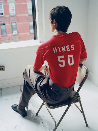 Menswear. Samuel Hine. - © T-shirt by Emily Dawn Long, trousers and shoes by Bottega Veneta, and watch by Cartier., System Magazine