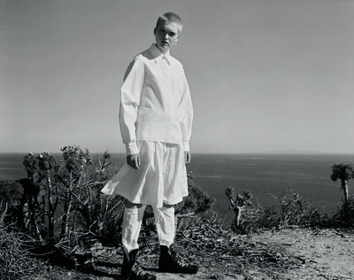 White linen all-in-one shorts and trousers by Hussein Chalayan
Black croc flat-toed lace-up ankle boots from John Moore at The Old Curiosity Shop - © System Magazine