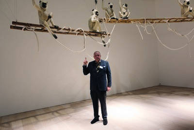 Jean Pigozzi wearing an XXXL bespoke navy-blue, single-breasted Ermenegildo Zegna suit and Tod’s Gommino driving loafers in black suede – both made for this story – and his own shirt. ‘At the N. S. Harsha: Charming Journey exhibition at the Mori Art Museum in Tokyo.’ - © System Magazine
